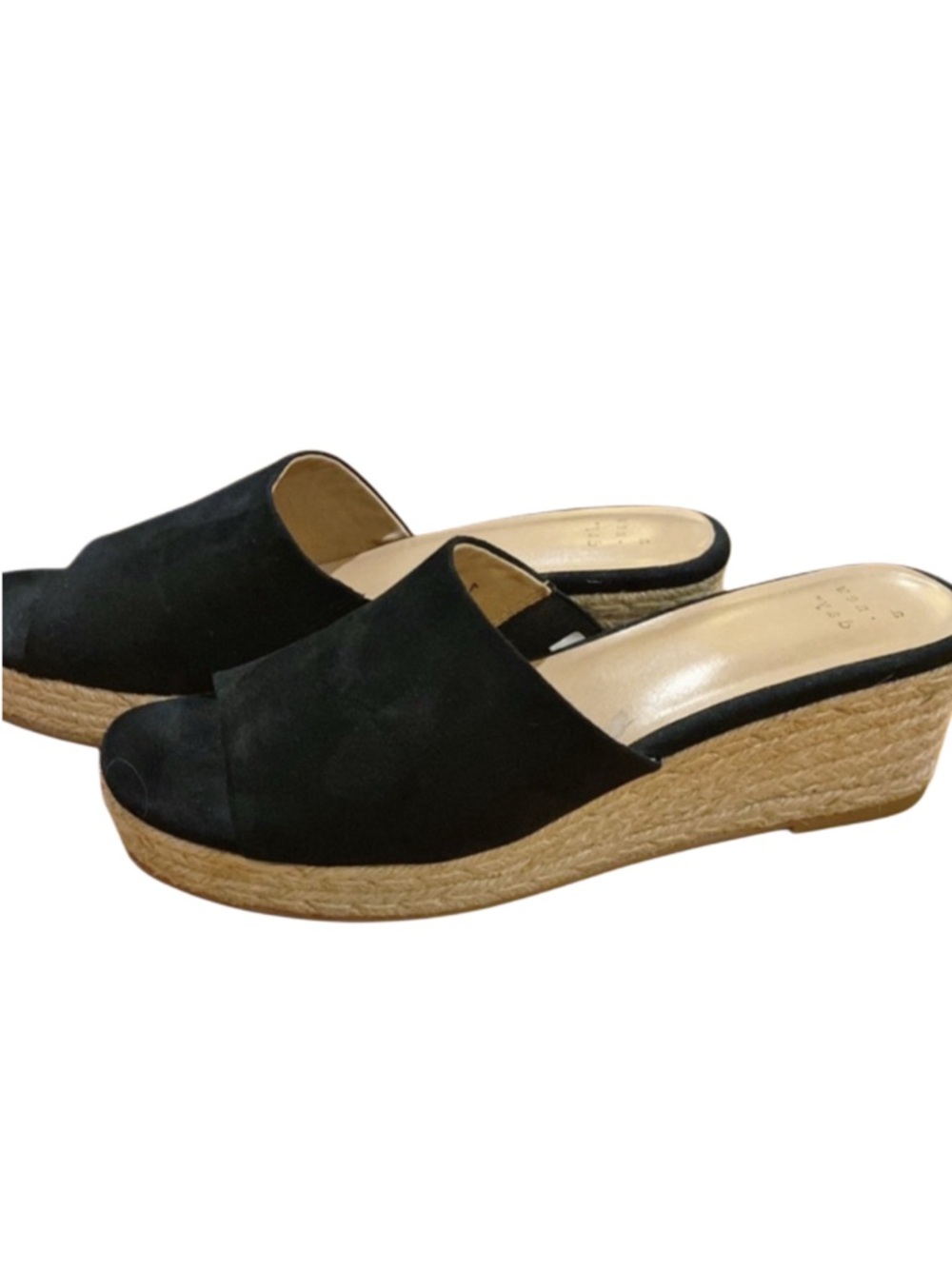 A new day Black Faux Suede Espadrille Wedge Mules Sz 9